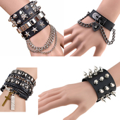 朋克多层叠戴手链黑色皮质霸气骷髅铆钉哥特手环街舞饰品情侣手镯