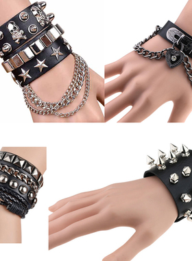 朋克多层叠戴手链黑色皮质霸气骷髅铆钉哥特手环街舞饰品情侣手镯