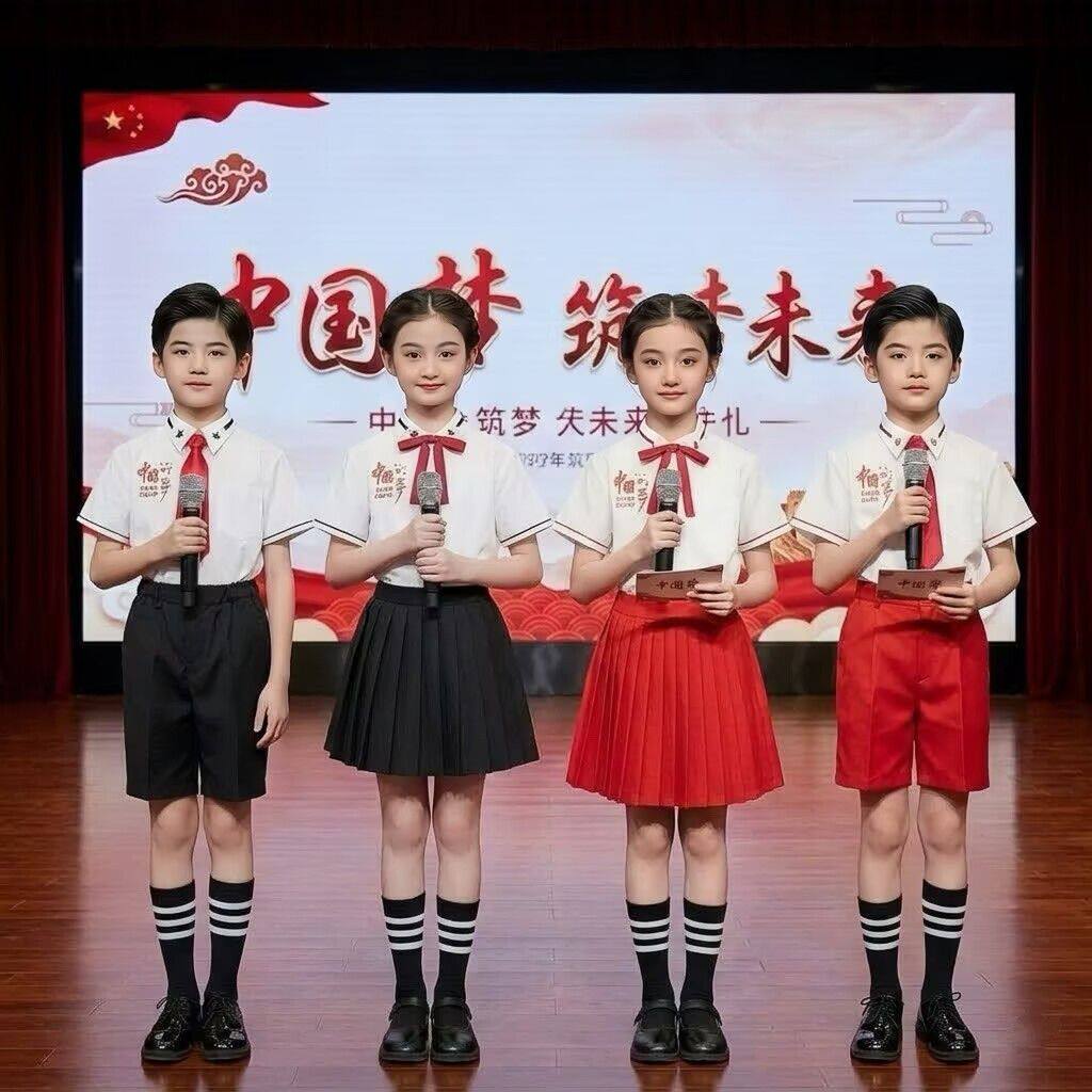 六一儿童合唱朗诵演出服小学生红色女童礼服爱国主题演讲比赛服装