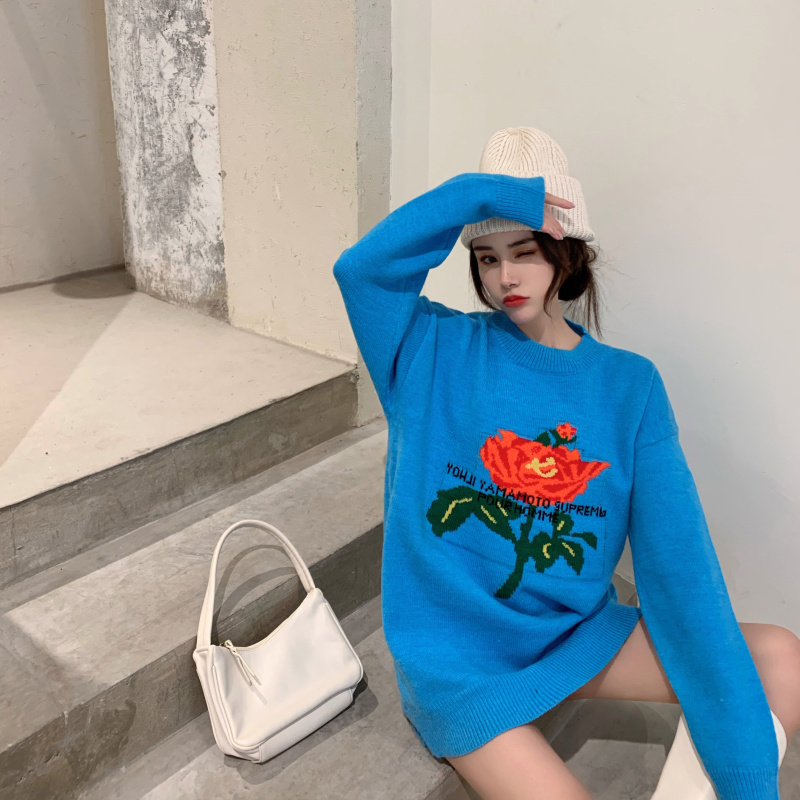 實拍實價韓版寬鬆套頭玫瑰花朵毛衣女