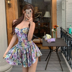Real shot real price floral suspender dress sweet and spicy Thai girl sexy fishbone bra shaping waist flower trouser skirt