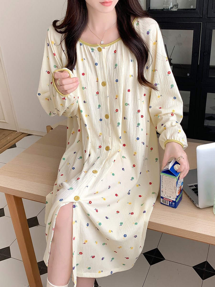 여성용 잠옷 봄 가을 순면 스위트 목가적 스타일 대형 가디건 중간 기장 잠옷 원피스 임산부 홈웨어