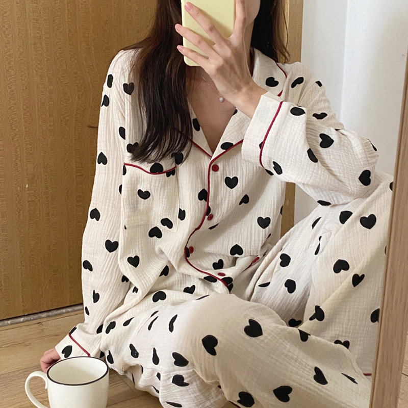 봄 가을 여름 순면 긴팔 학생 가디건 캐주얼 대형 홈웨어 슈트 여성용 일본 달콤한 사랑 잠옷