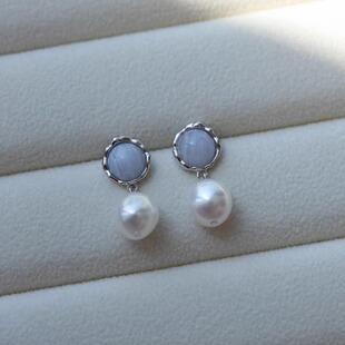 Alice 蓝纹玛瑙珍珠耳钉 Pearl