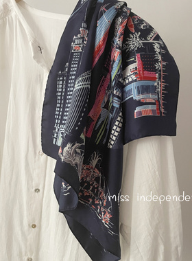 出口美单 City Hopping轻薄真丝斜纹蚕丝巾小方巾围巾领巾 深蓝色