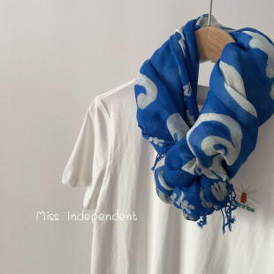 出口美国 RL自然棉麻混纺度假风海洋印花围巾超大长巾领巾披肩