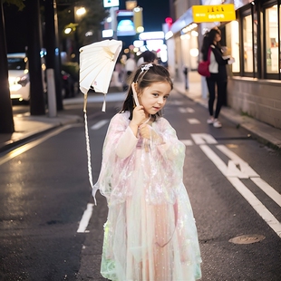 小鲛人泪抖音汉服女童网红夏季齐胸裙大袖衫新款亲子装学生大摆裙
