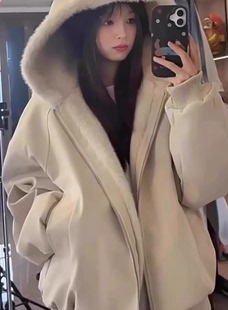 美式PU皮座山雕皮草外套女冬季加绒加厚羊羔毛绒棉袄保暖棉服棉衣