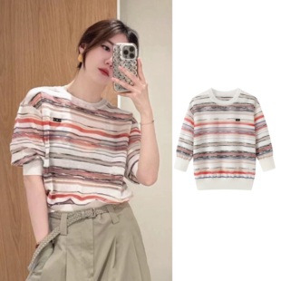 清仓特价 针织衫 NO退换 彩色条纹撞色短袖 套头T恤 气质薄款