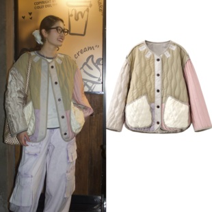 时尚 新款 NO退换 百搭宽松提花撞色拼接内胆棉服女外套 清仓特价
