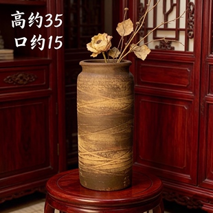 材烧复古做旧粗陶盆炭黑干花花瓶手工土陶罐刻花插花花器摆件