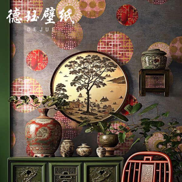 中式电视背景墙茶室墙纸非自粘国潮加厚洒金2025款卧室壁纸无纺布