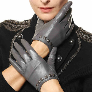 WARMEN秋冬真皮手套女士羊皮加绒保暖铆钉真皮手套薄款 L096 触屏