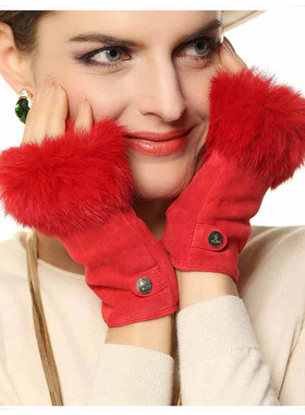 ELMA真皮手套女半指秋冬加绒时尚保暖羊皮反绒手套兔毛口EL019