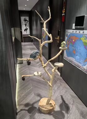 鸟窝鹦鹉站架实木树杈天然去皮树枝原木灯架鸟站艺术猫爬枯树杆
