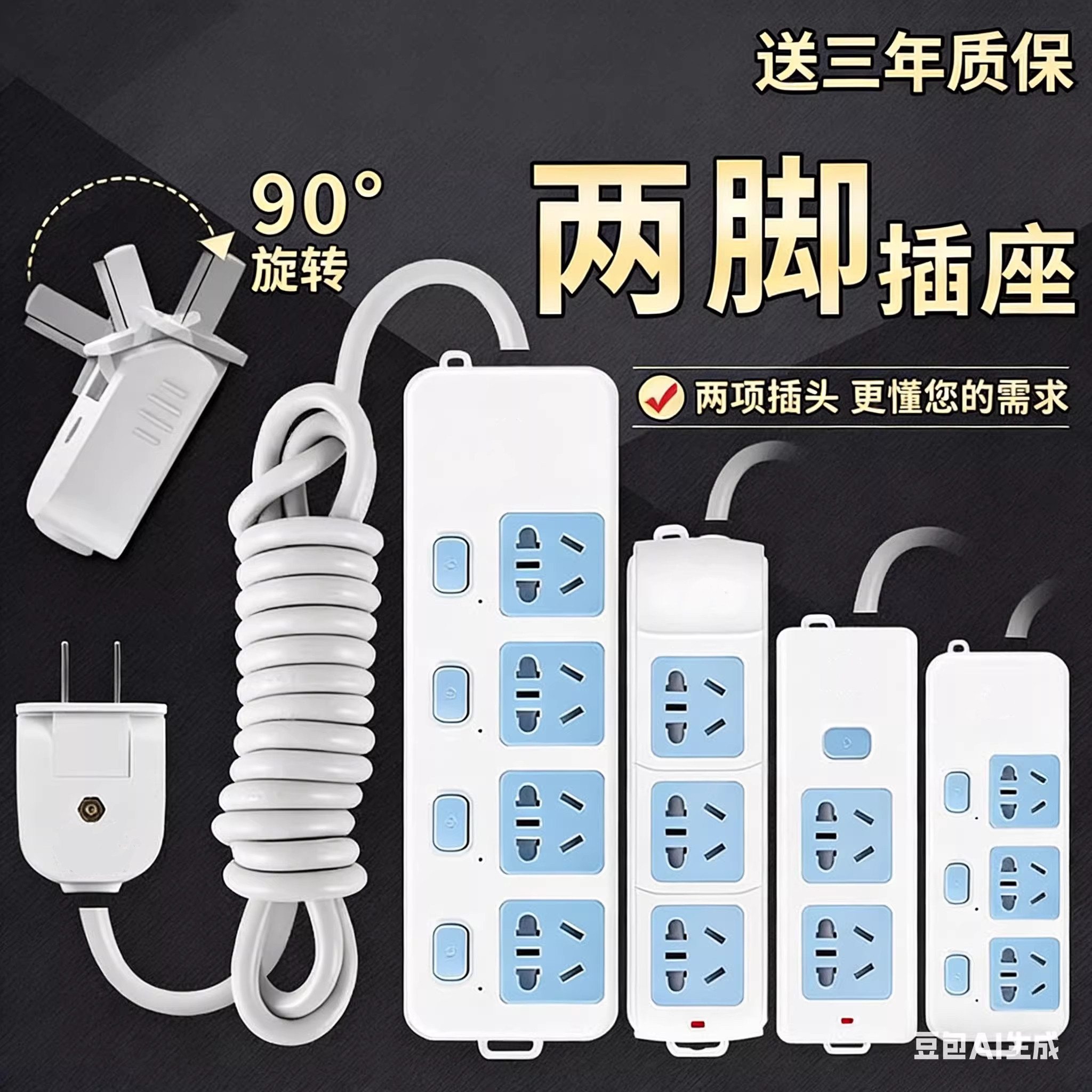 两脚插排插座接线板二脚眼项双孔2插头宿舍延长转3脚三转换器
