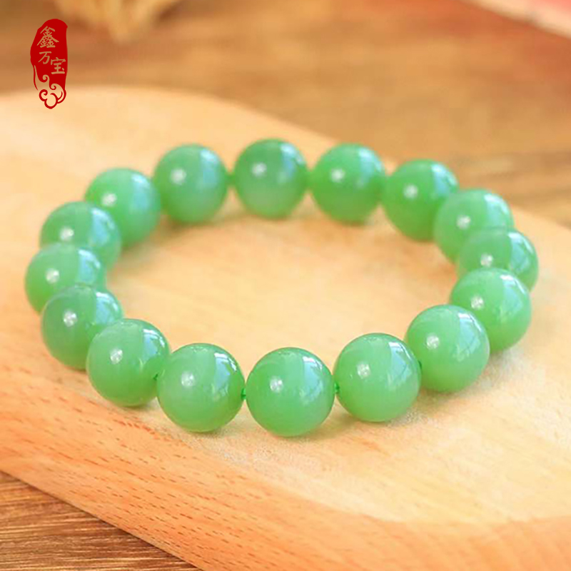 保真正品俄罗斯天然和田玉碧玉手串圆珠老坑阳绿圆圆满满直径12mm