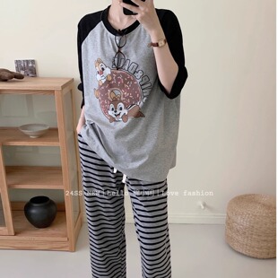 套装 家居服棉小闲 长裤 小松鼠卡通拼色条纹宽松显瘦女睡衣纯棉长袖