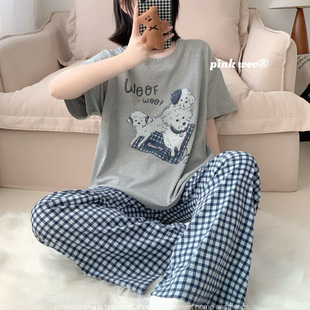 女短袖 日式 格子休闲小狗宽松春季 纯棉薄款 睡衣可外穿PINKWEO 长裤