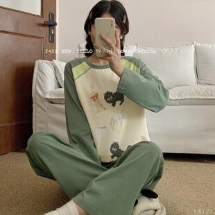 宽松睡衣家居服套装 卡通插肩拼色纯棉长袖 长裤 女士春季 棉小闲正品