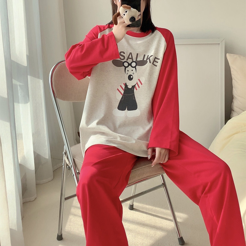 小狗拼色插肩睡衣女春秋季纯棉长袖卡通可爱宽松ins可外穿家居服,女士内衣/男士内衣/家居服,睡衣/家居服套装,淘宝优惠券,粉丝福利购,淘宝优惠卷