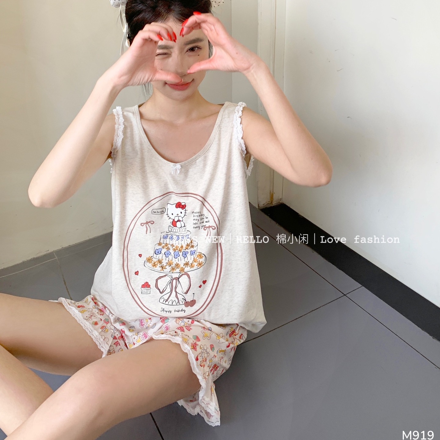 KITTY猫卡通花边甜美纯棉薄款夏季无袖背心短裤女睡衣棉小闲正品