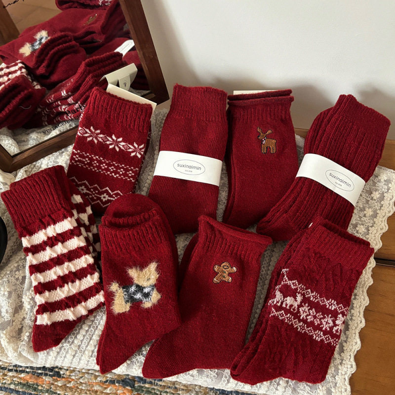 2026年新年红袜子秋冬中筒袜本命年鸿运保暖羊毛堆堆袜