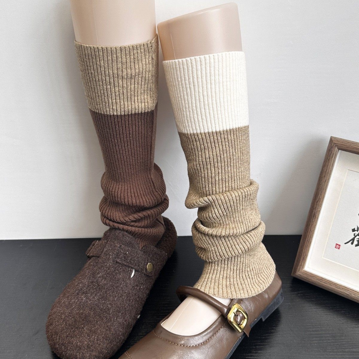 美拉德咖色袜套女秋冬季针织复古撞色拼接堆堆袜日系米白色小腿套