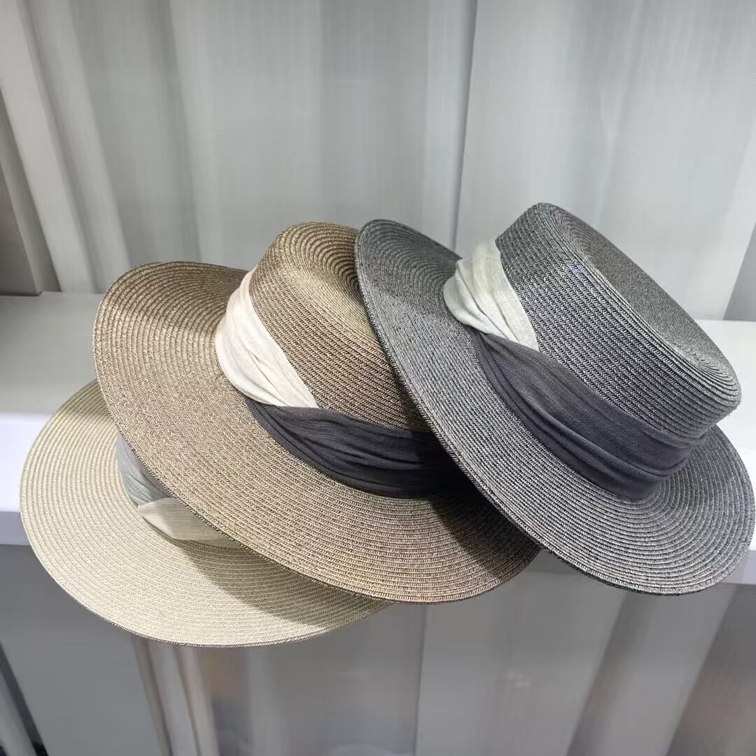 春夏麻纱绑带细纸草法式防晒平顶礼帽文艺复古百搭度假遮阳草帽女