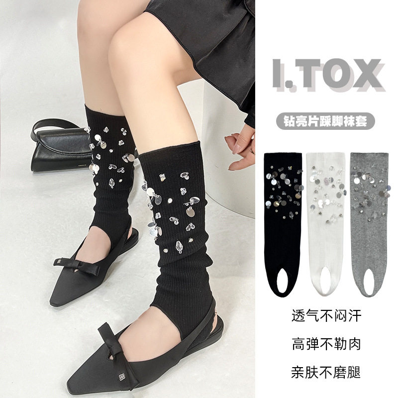 春夏女士棉重工缝钻亮片踩脚堆堆袜套透气显瘦闪片装饰针织腿套