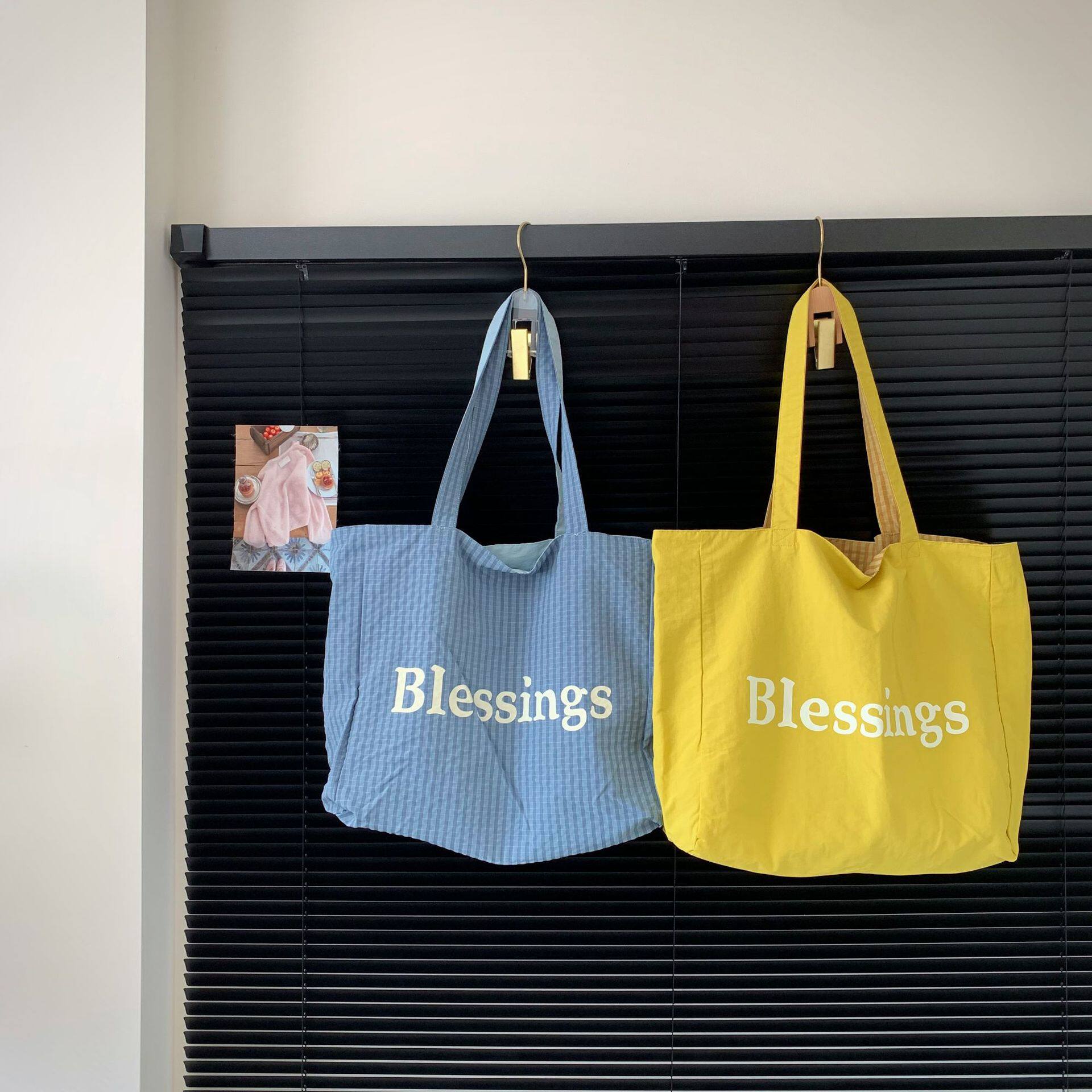 春夏日韩格纹双面可用帆布包包女单肩手提托特包大容量百搭休闲包