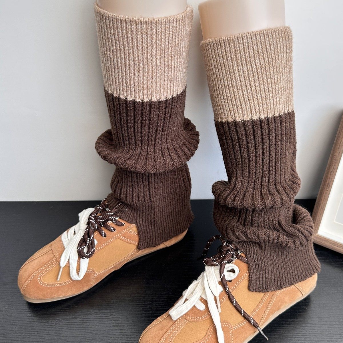 复古拼色堆堆袜套女秋冬美拉德咖色软糯羊毛y2k针织小腿套黑灰色