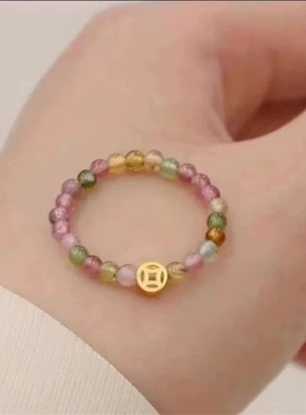 迷你彩色珠铜钱串珠编织碧玺戒指女首饰彩虹闺蜜礼物食指戒不规则