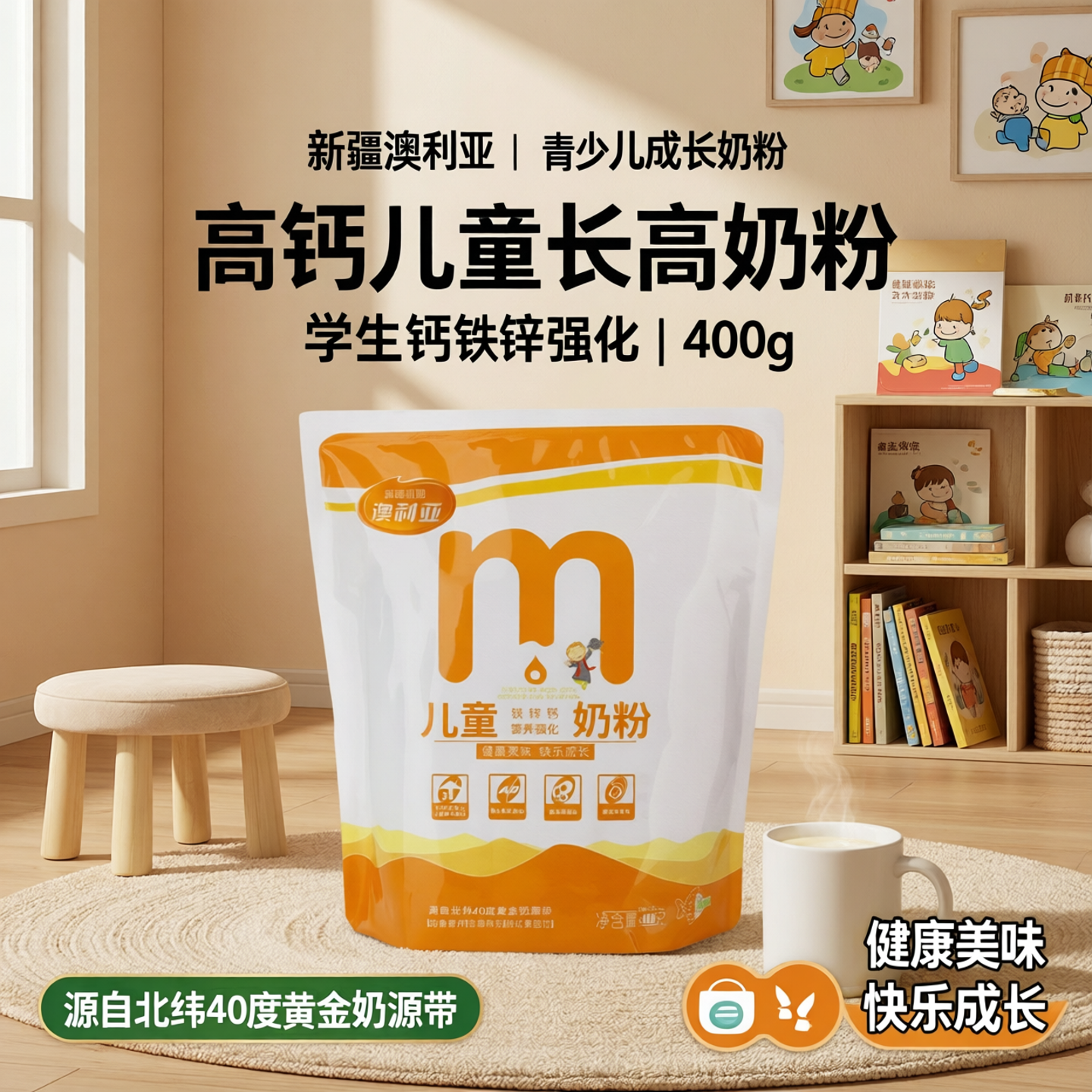 新疆澳利亚青少儿成长奶粉高钙长高奶粉学生钙铁锌强化400g独立包
