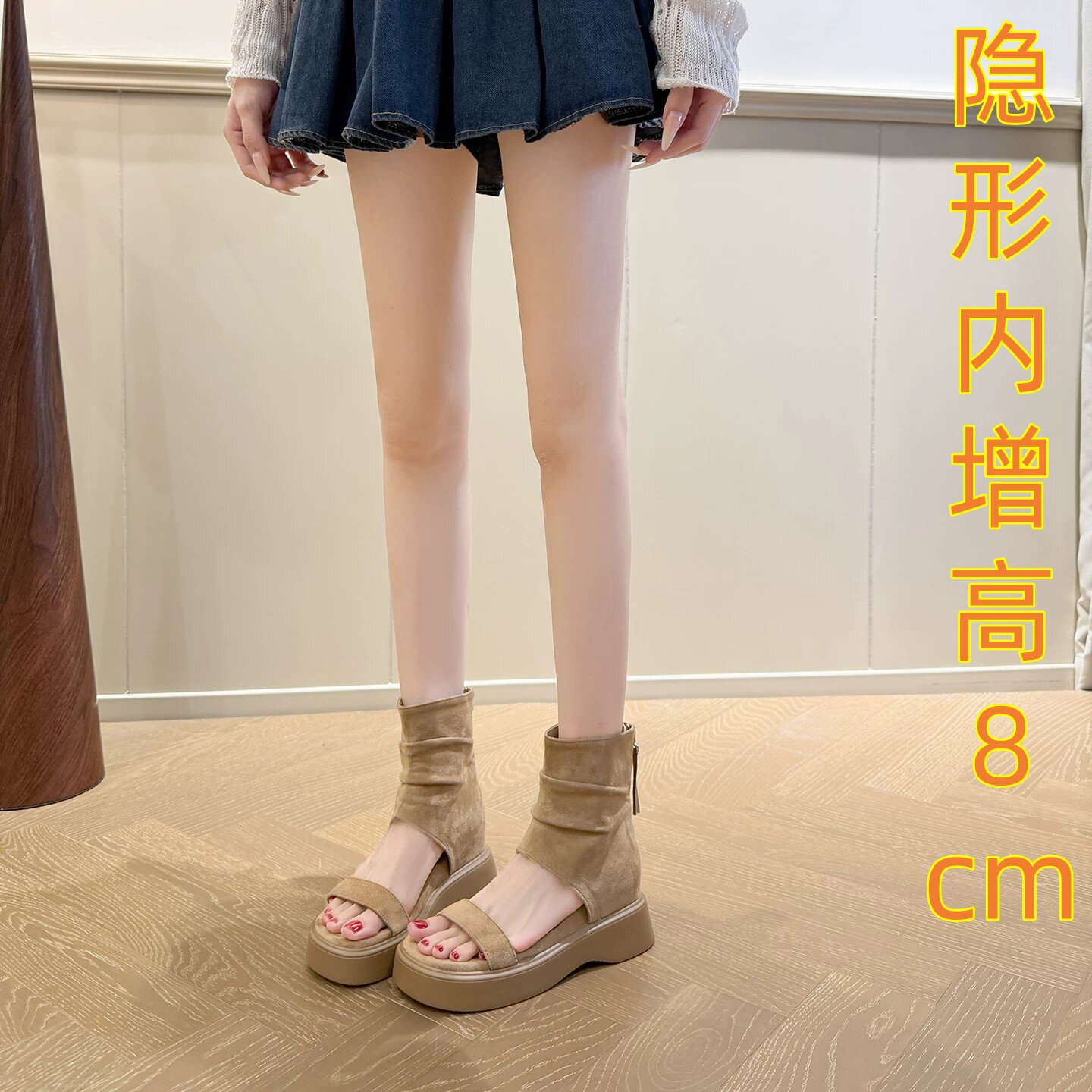 小码夏季内增高8cm复古凉靴新款一子带镂空时尚简约短筒罗马凉鞋