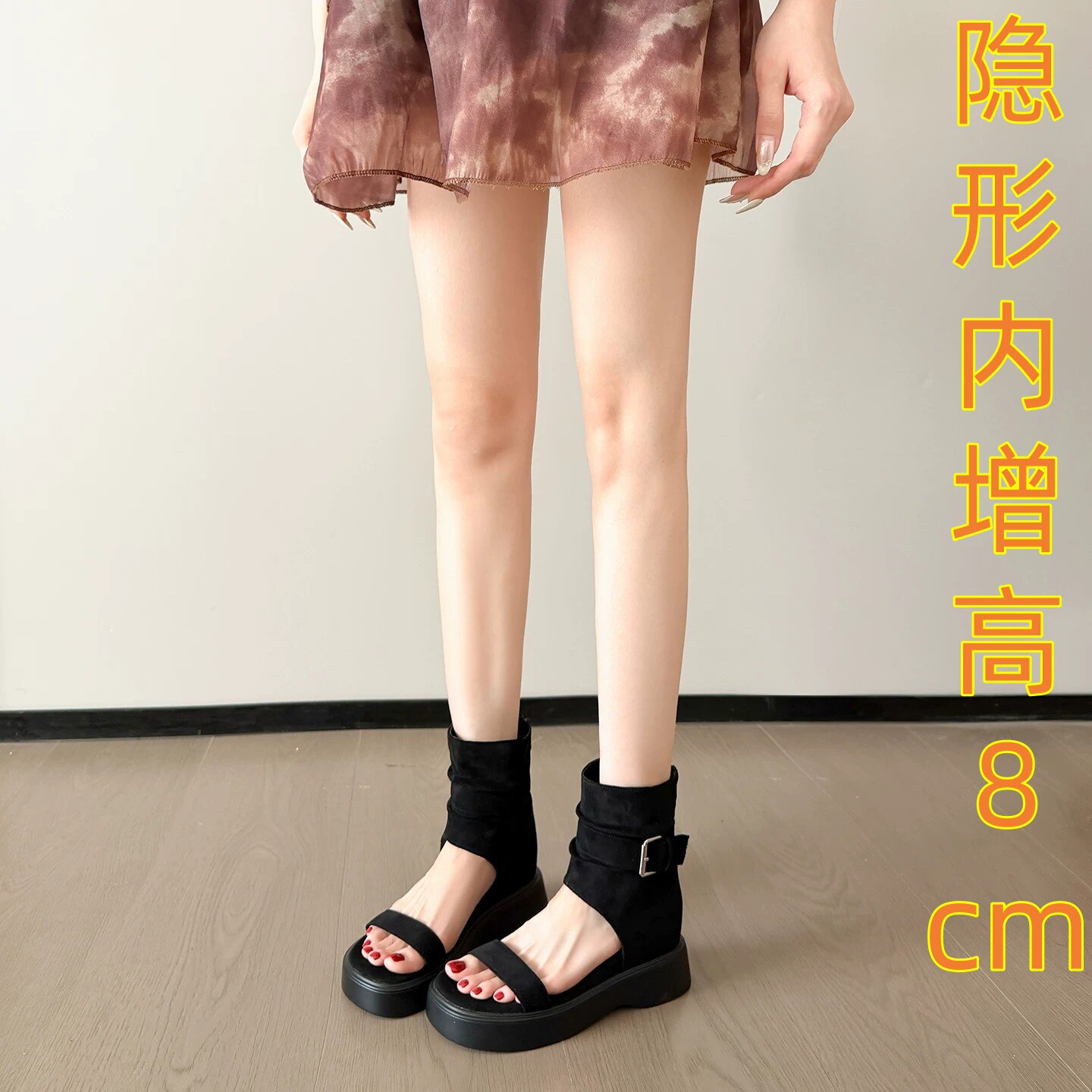 夏季新款内增高8cm时尚罗马凉鞋小码厚底镂空复古凉靴一字带女鞋