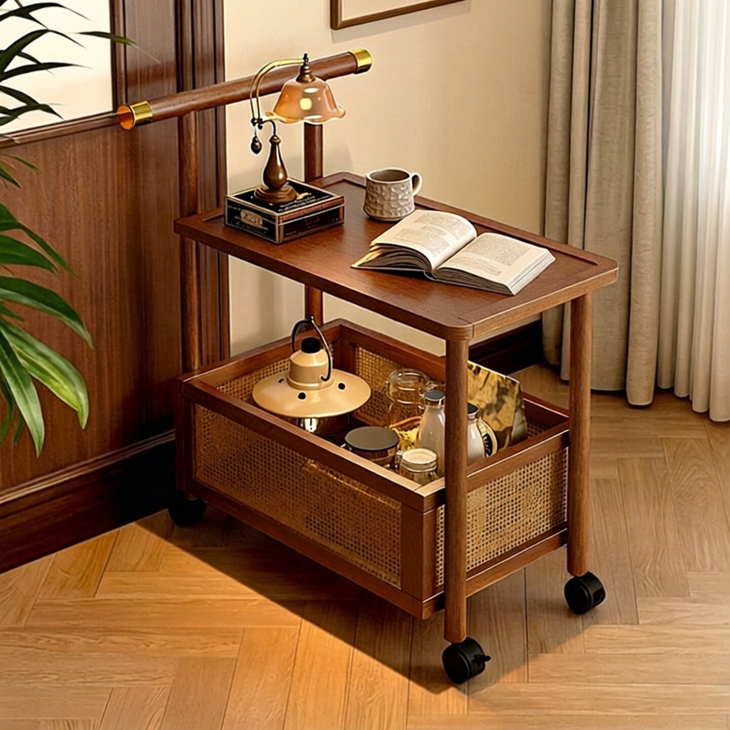 中古风小茶几实木小推车可移动
