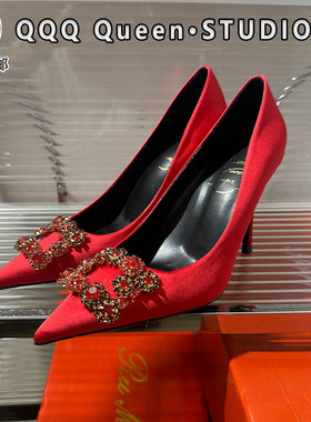 rv水钻方扣红色秀禾婚鞋女真皮2025秋季伴娘宴会气质10厘米高跟鞋