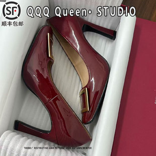 rv方扣高跟鞋女加绒马蹄跟浅口真皮2025秋季方头通勤风细跟单鞋女