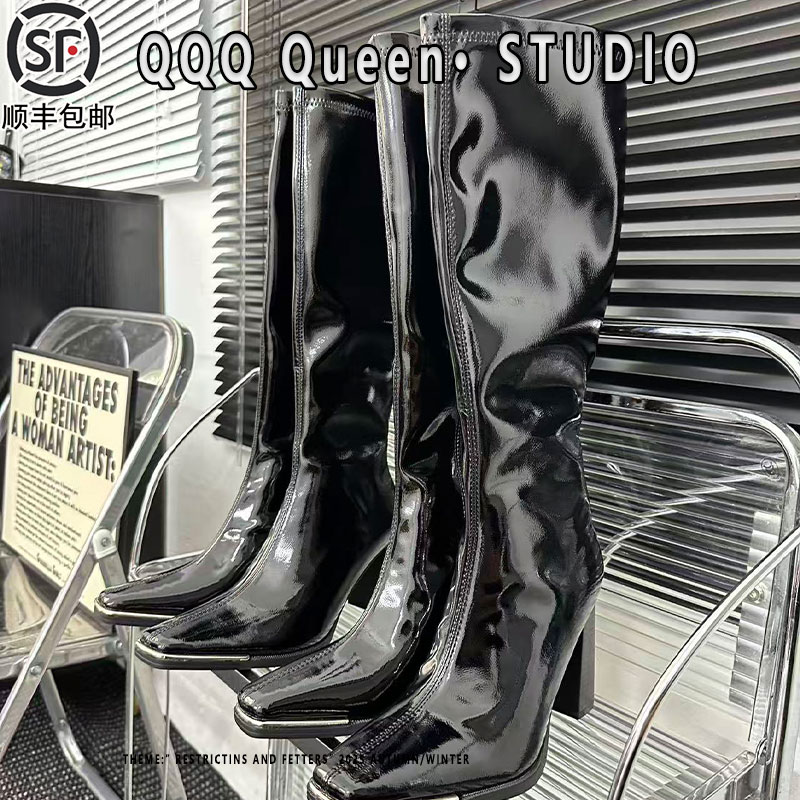 洋气肯豆长靴女同款漆皮真皮2025秋冬季爆款方头高跟过膝高筒靴子