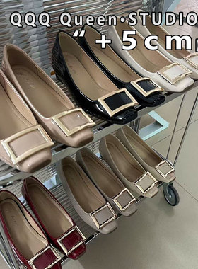 Right Video方扣单鞋法式温柔风内增高女通勤风5cm真皮黑色rv女鞋