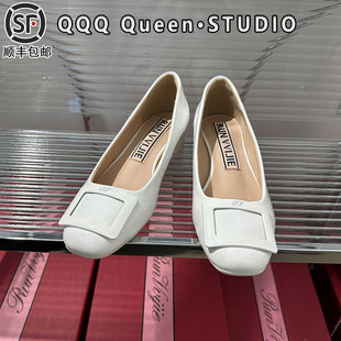 rv圆头粗跟玛丽珍鞋女真皮2025秋季一脚蹬白色方扣单鞋通勤工作鞋