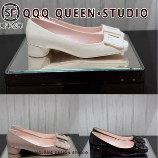 牛皮版~方头高跟鞋粗跟漆皮瓢鞋浅口ol通勤鞋RV方扣单鞋女中矮跟