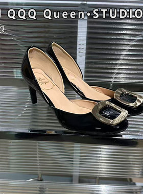 Right Video琮瑷同款rv方扣高跟凉鞋女真皮2025秋黑色漆皮单鞋女