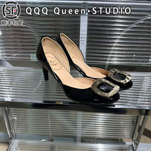 Right Video琮瑷同款rv方扣高跟凉鞋女真皮2025秋黑色漆皮单鞋女