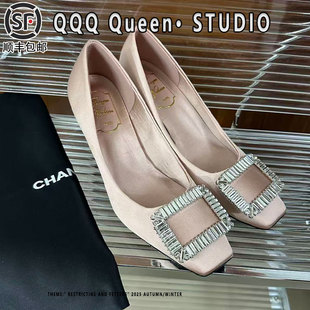 RV高跟鞋女方头水钻细跟三十而已2025秋季王漫妮同款绸缎鞋单鞋女