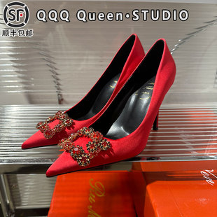 红色尖头雪花扣水钻rv高跟鞋女真皮2025秋季优雅伴娘秀禾鞋婚鞋女