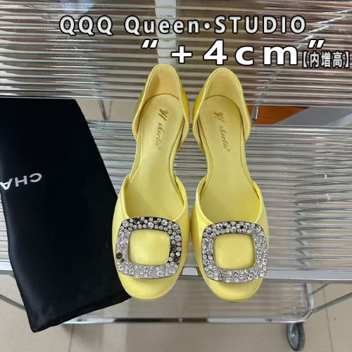 Right Video黄色水钻方扣中空凉鞋女夏季chips rv内增高4cm平底鞋
