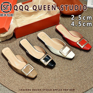 2025新款rv方扣半拖鞋女包头漆皮浅口单鞋休闲百搭粗跟高跟凉鞋女