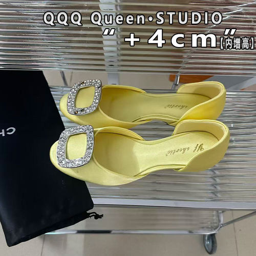 Right Video水钻方扣中空黄色凉鞋女夏季chips rv内增高4cm平底鞋